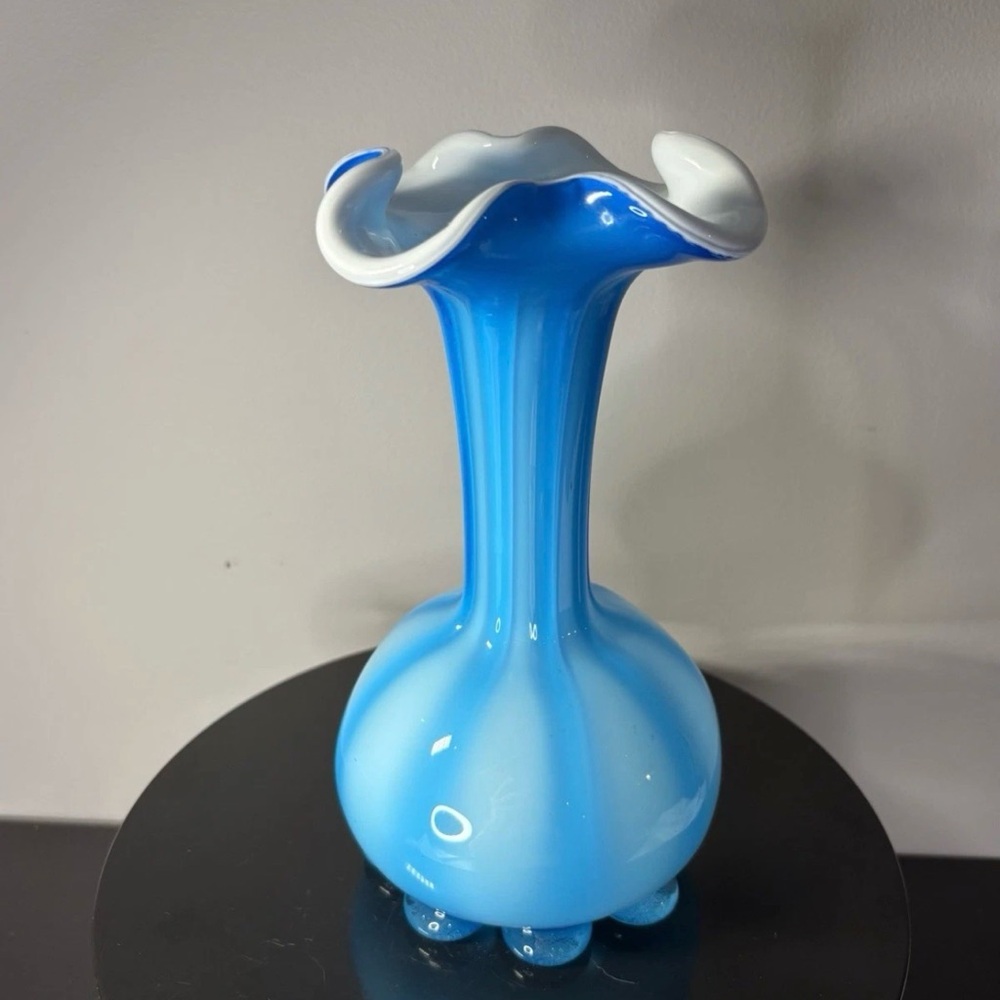 Bright Blue Ribbed Cased Glass Vase White Interior Elephant Feet